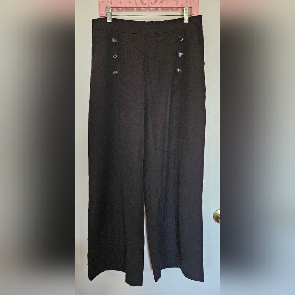 Belle Poque Chic Black Wide Leg Women's Pants Front Buttons Packets with Zipper